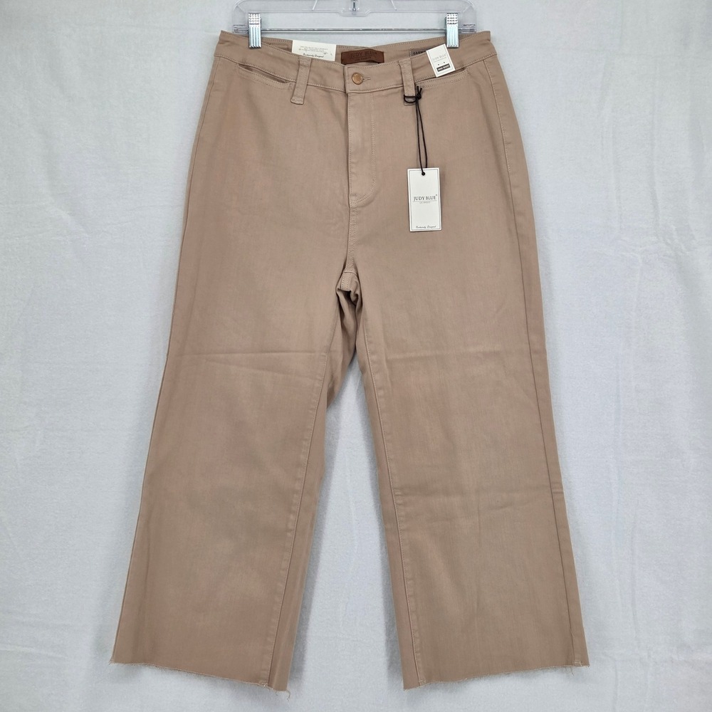 Judy Blue NEW Women Khaki High Waist Wide Leg Raw Hem Jeans Garment Dyed - Picture 2 of 7